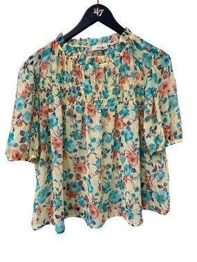 Time After Time Blouse Size Large Floral Ruffle Short Sleeve Sheer Multi Bloom